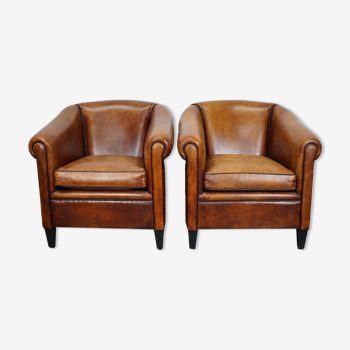 Dutch cognac colored leather club armchairs