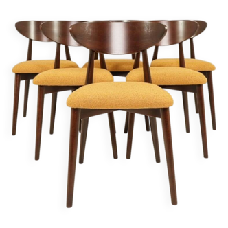 Chaises de salle à manger Ocra set de 6, tissu bouclè jaune, bois foncé