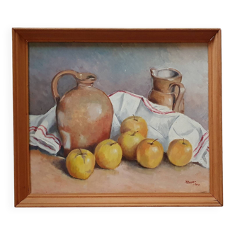 Still life painting of yellow apples and jug signed R Bonnet.