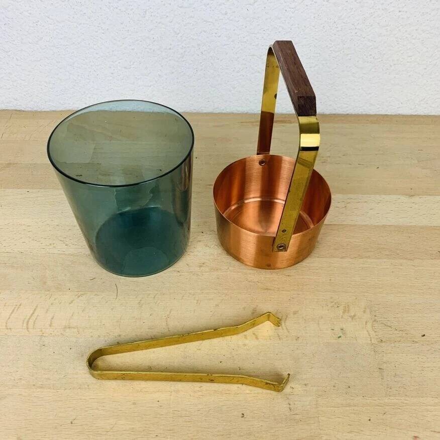 Scandinavian ice bucket in smoked glass and copper, vintage.