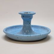 Light blue glazed ceramic candle holder with green speckled signed scorpion stamp