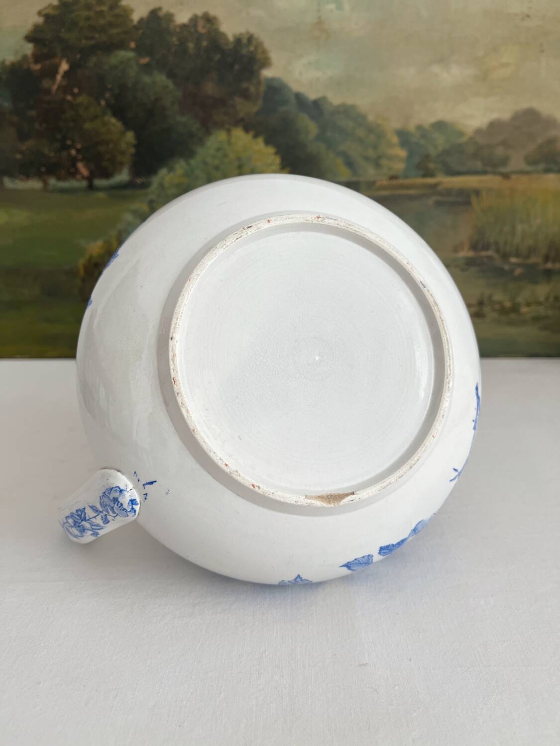 Antique chubby ironstone jug with floral and bird decoration