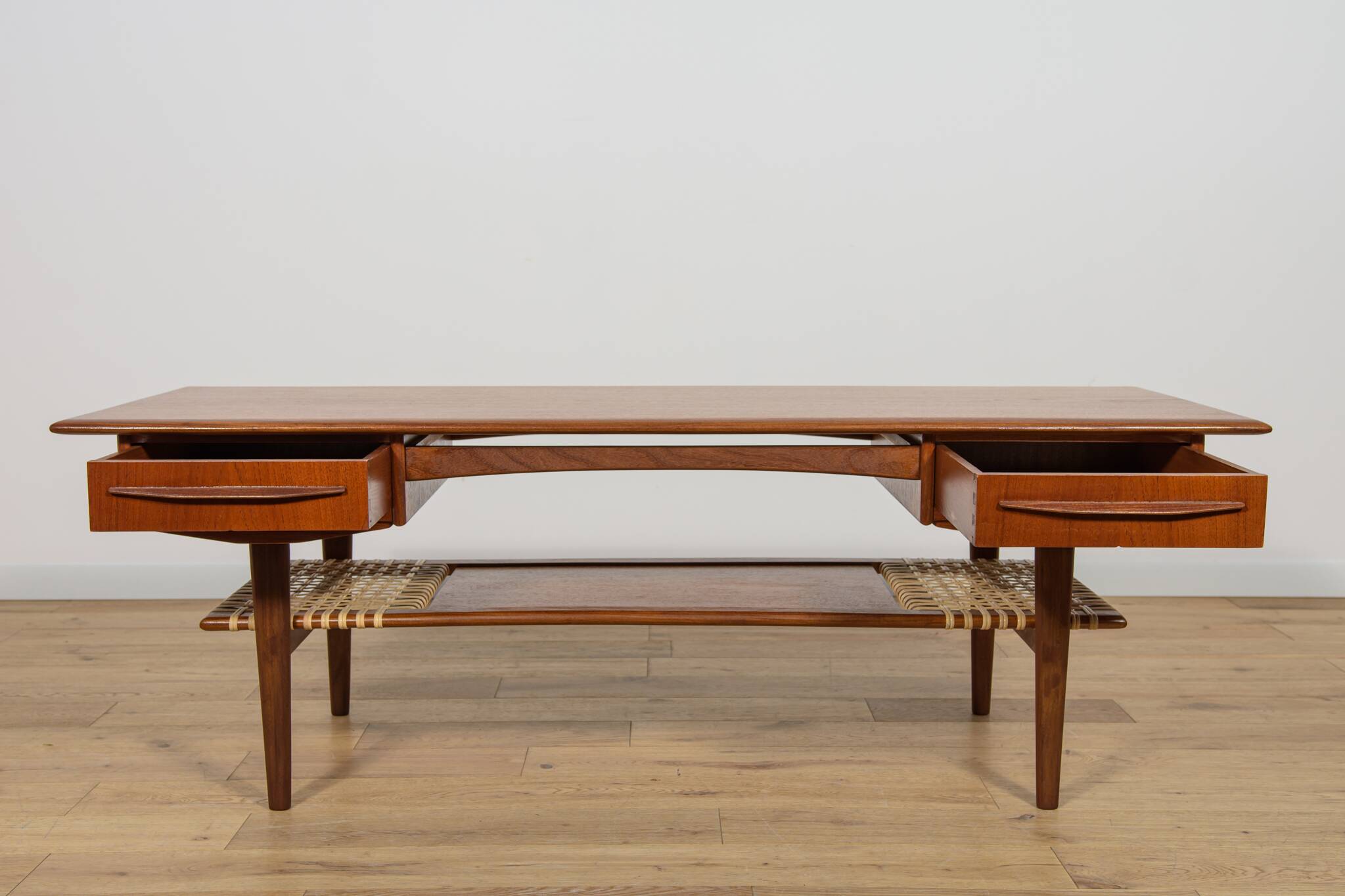 Mid-Century Teak & Rattan Coffee Table, Denmark, 1960s
