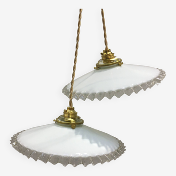 Pair of vintage pendant lights in white opaline and transparent serrated edges