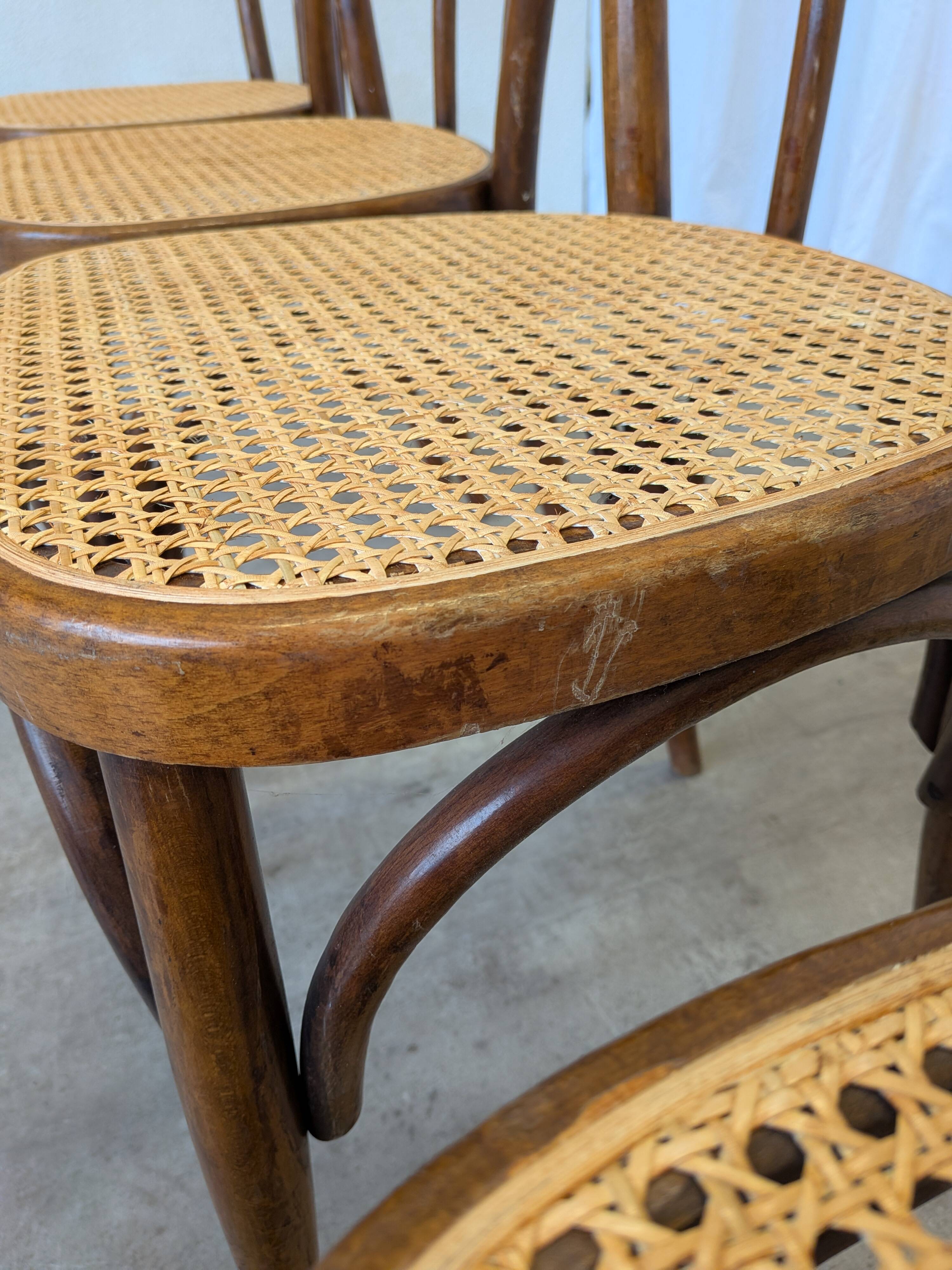 Set of 4 Vintage Thonet Style Dining Chairs: Bentwood Cane Seat, 1970s Bist