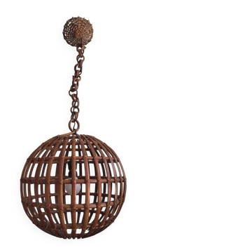 Grande suspension italienne sphérique en osier, années 50