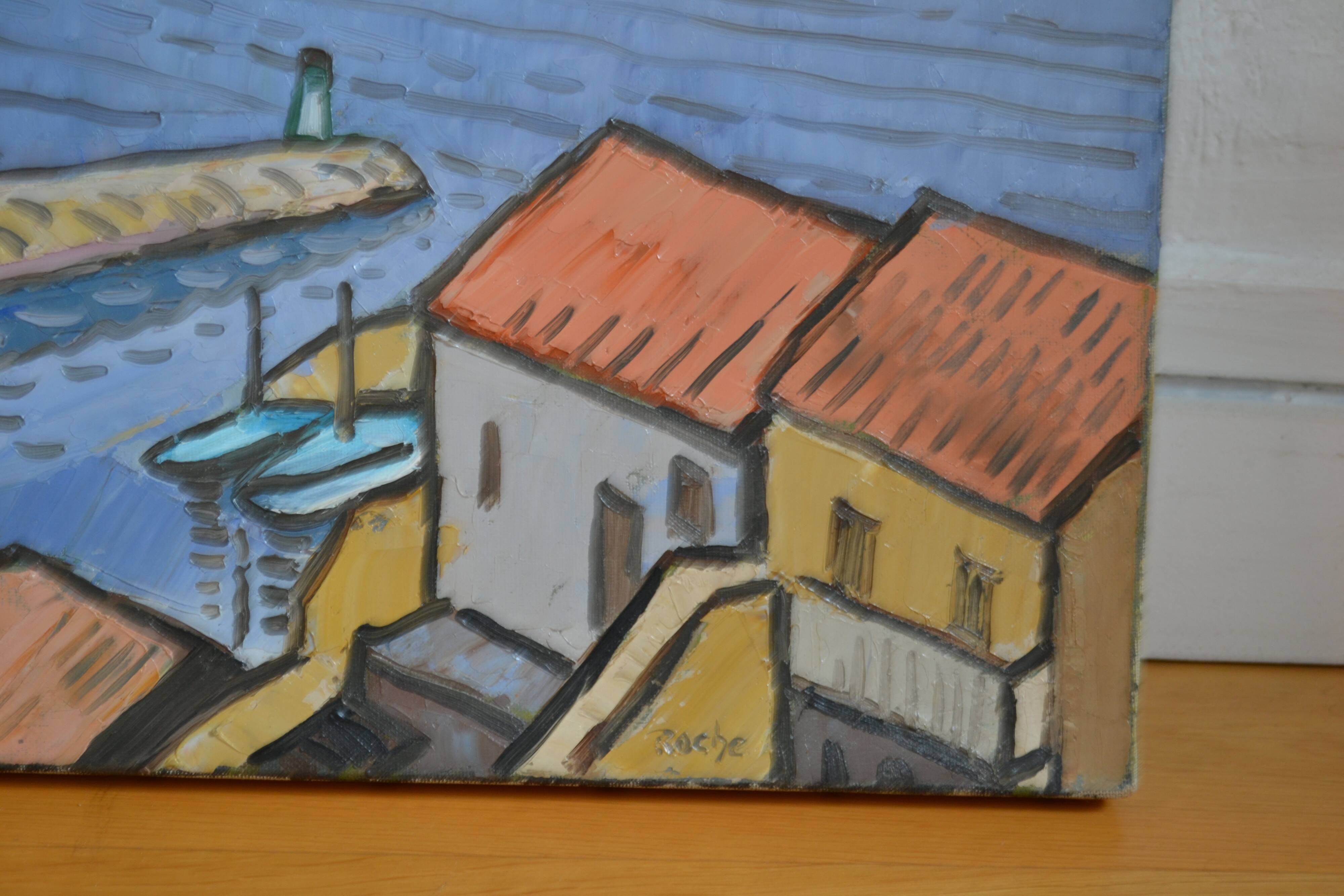 Marseille Corniche Valmer seaside landscape painting HST signed Roche