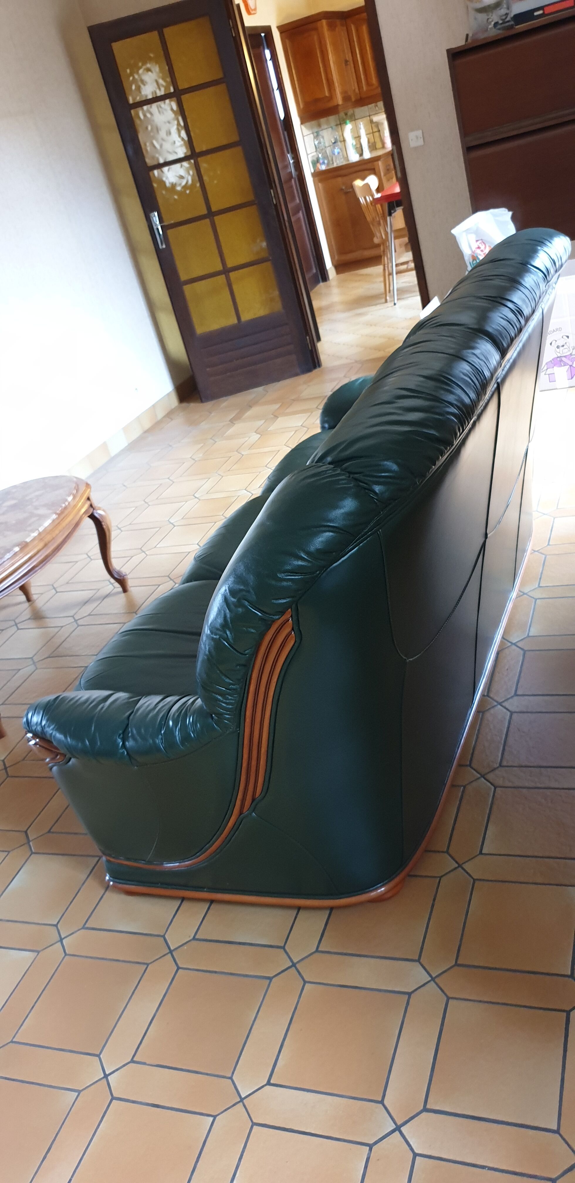 Sofa 3 seater green leather & wood