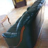 Sofa 3 seater green leather & wood
