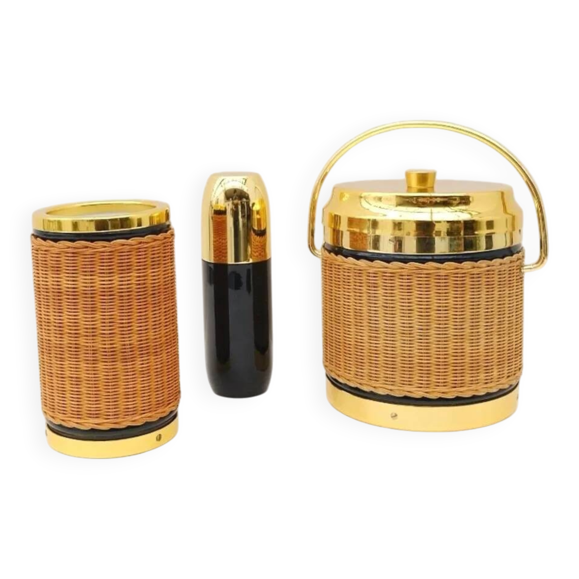 Rattan and chrome ice bucket, bottle and shaker set, France 1970