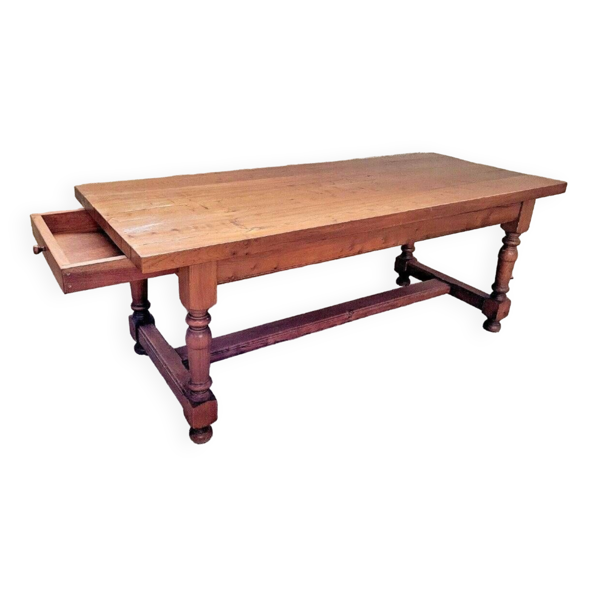 Large Louis XIII style farm table in solid cherry with light patina