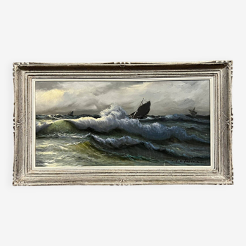 Le Tallec: oil on canvas depicting sailboats on a rough sea circa 1940