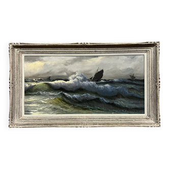 Le Tallec: oil on canvas depicting sailboats on a rough sea circa 1940