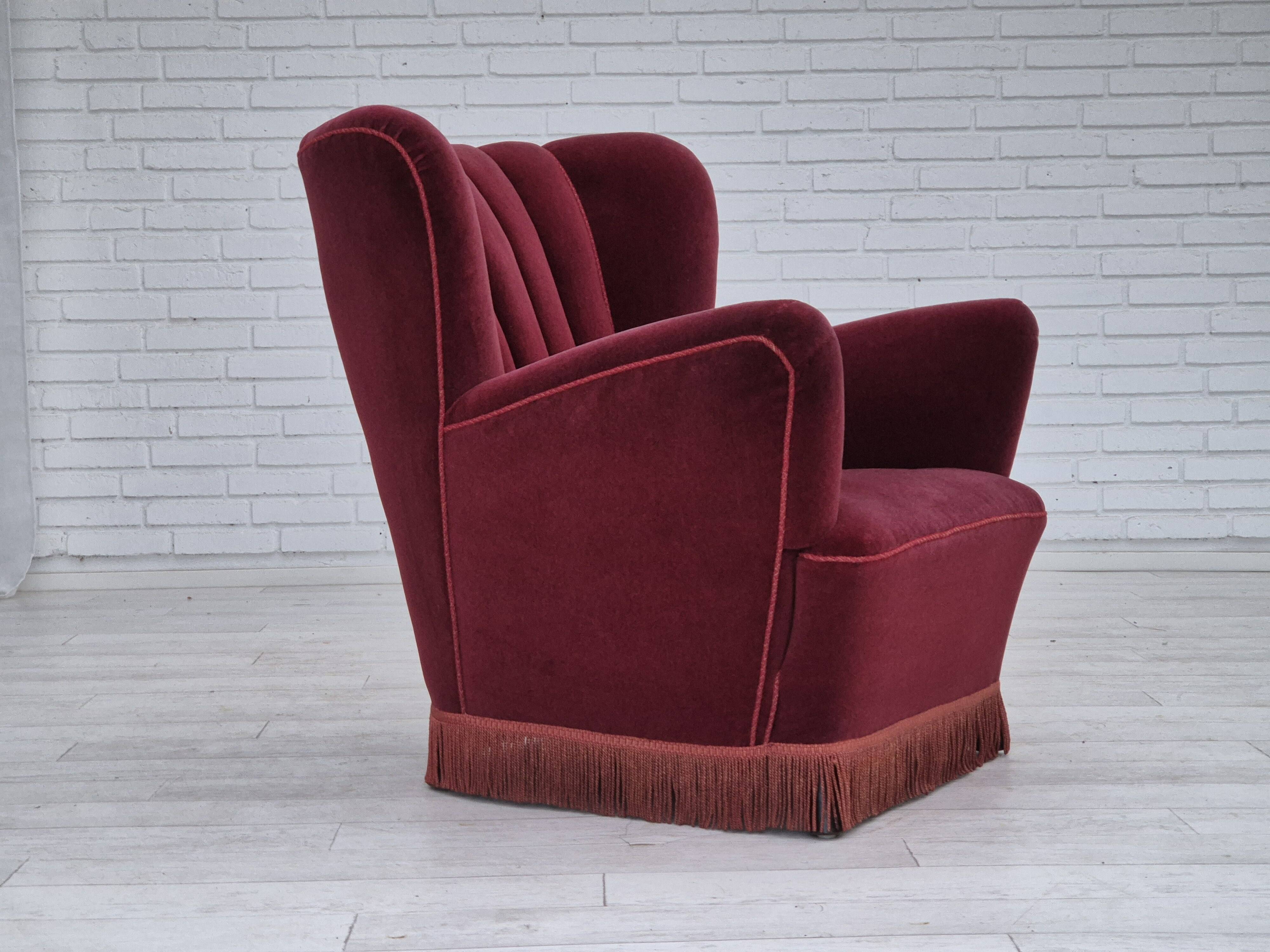 1960s, Danish armchair, original condition, cherry-red furniture velour.