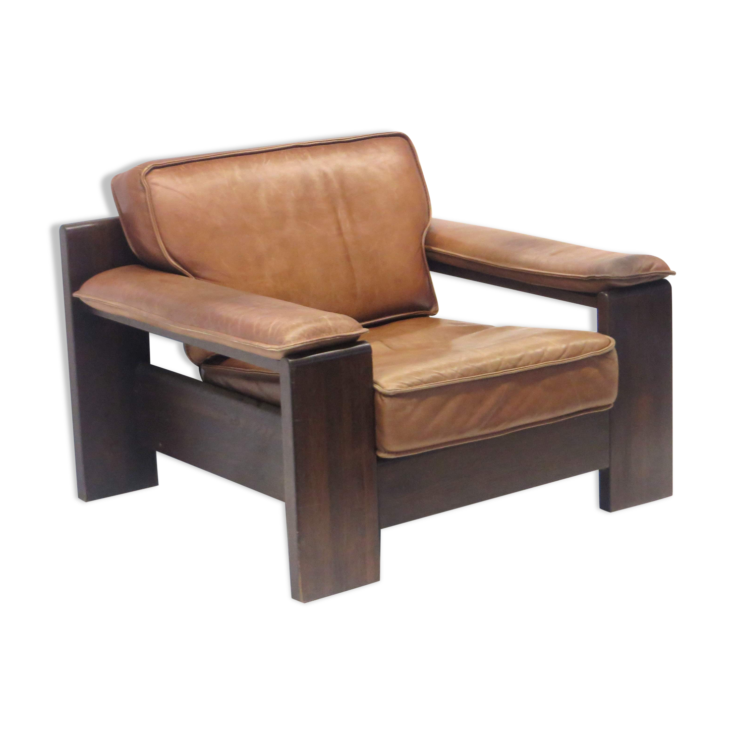 Chaise vintage Leolux en cuir épais couleur cognac par Harry de Groot fabriqué dans les années 60