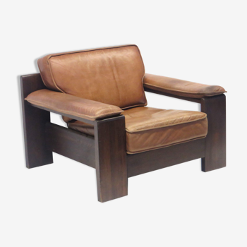 Chaise vintage Leolux en cuir épais couleur cognac par Harry de Groot fabriqué dans les années 60