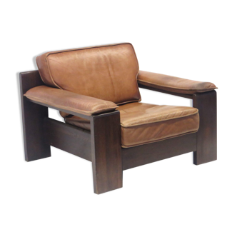 Vintage Leolux armchair with cognac-colored thick leather by Harry de Groot made in the 60s