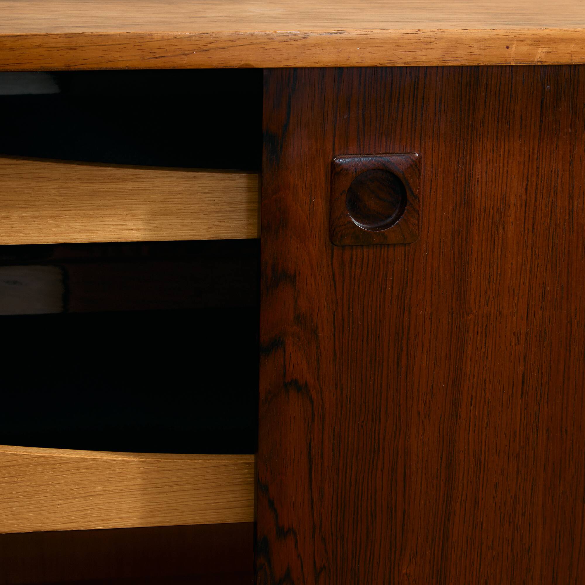 Rosewood and Teak Low Sideboard with Sliding Doors, 1960s