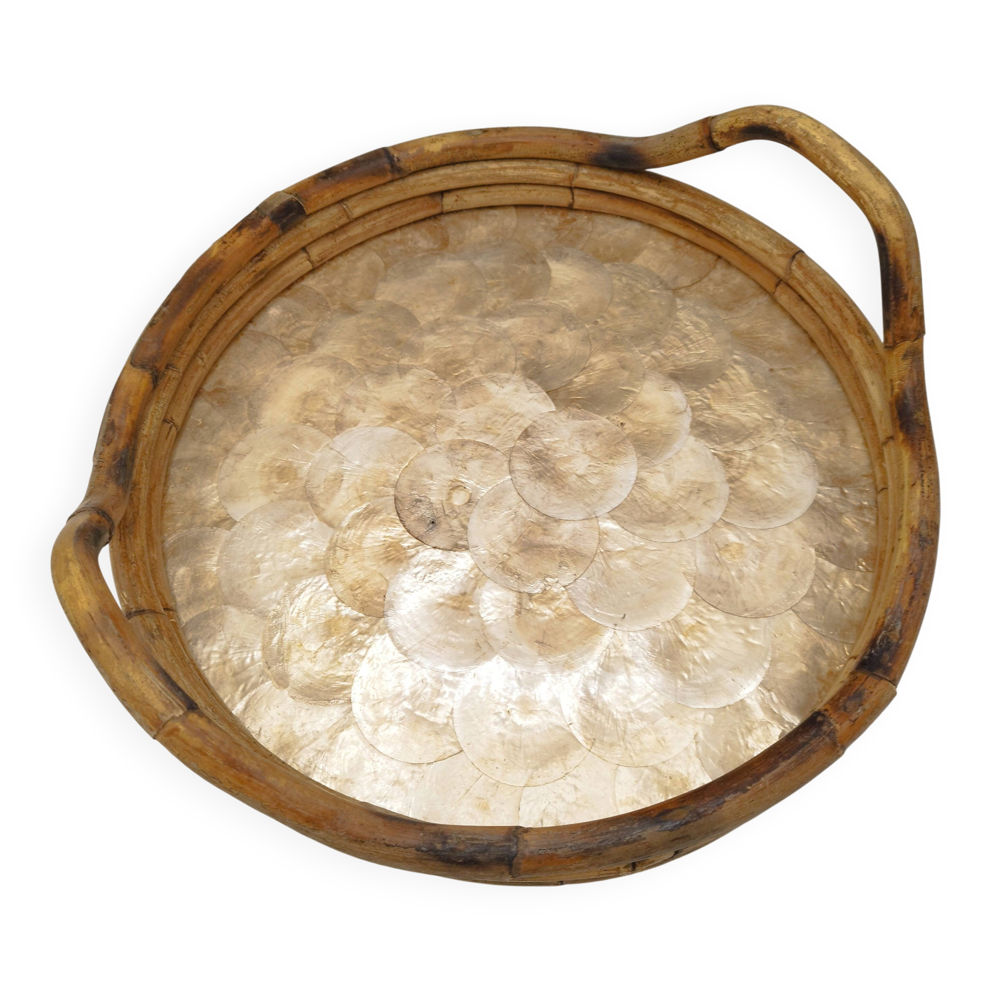 Vintage round bamboo and Capiz shell platter – Italy, 1970s