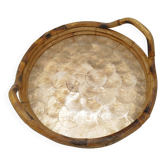 Vintage round bamboo and Capiz shell platter – Italy, 1970s