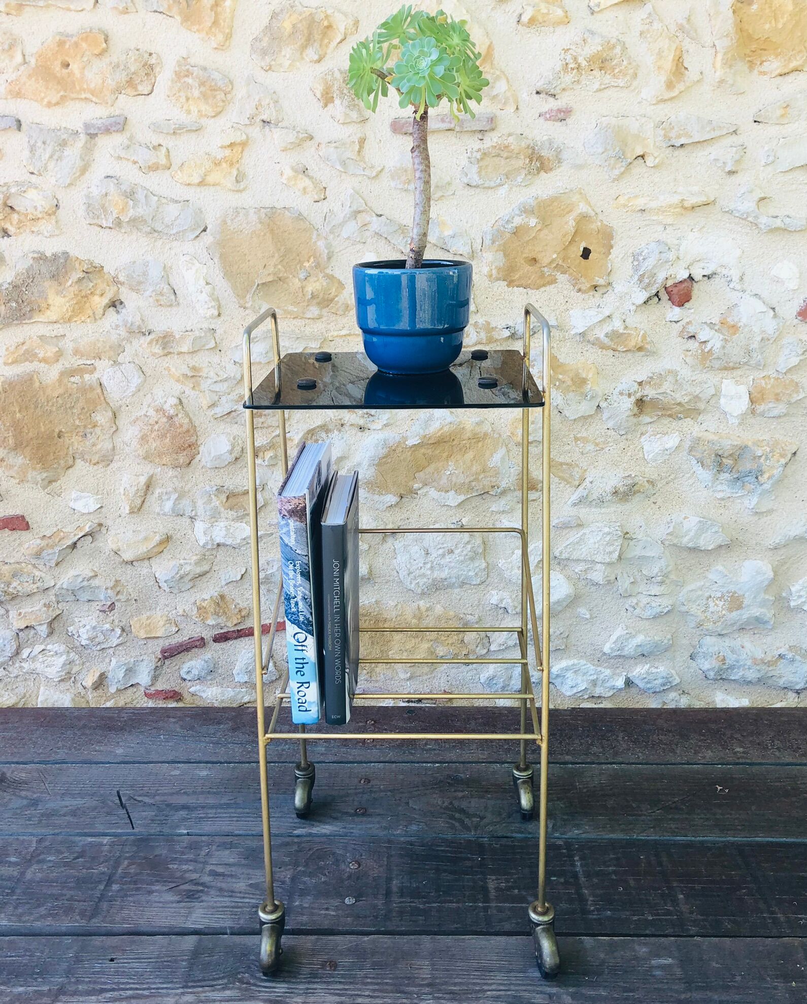 Vintage side table in brass and smoked glass, 1960