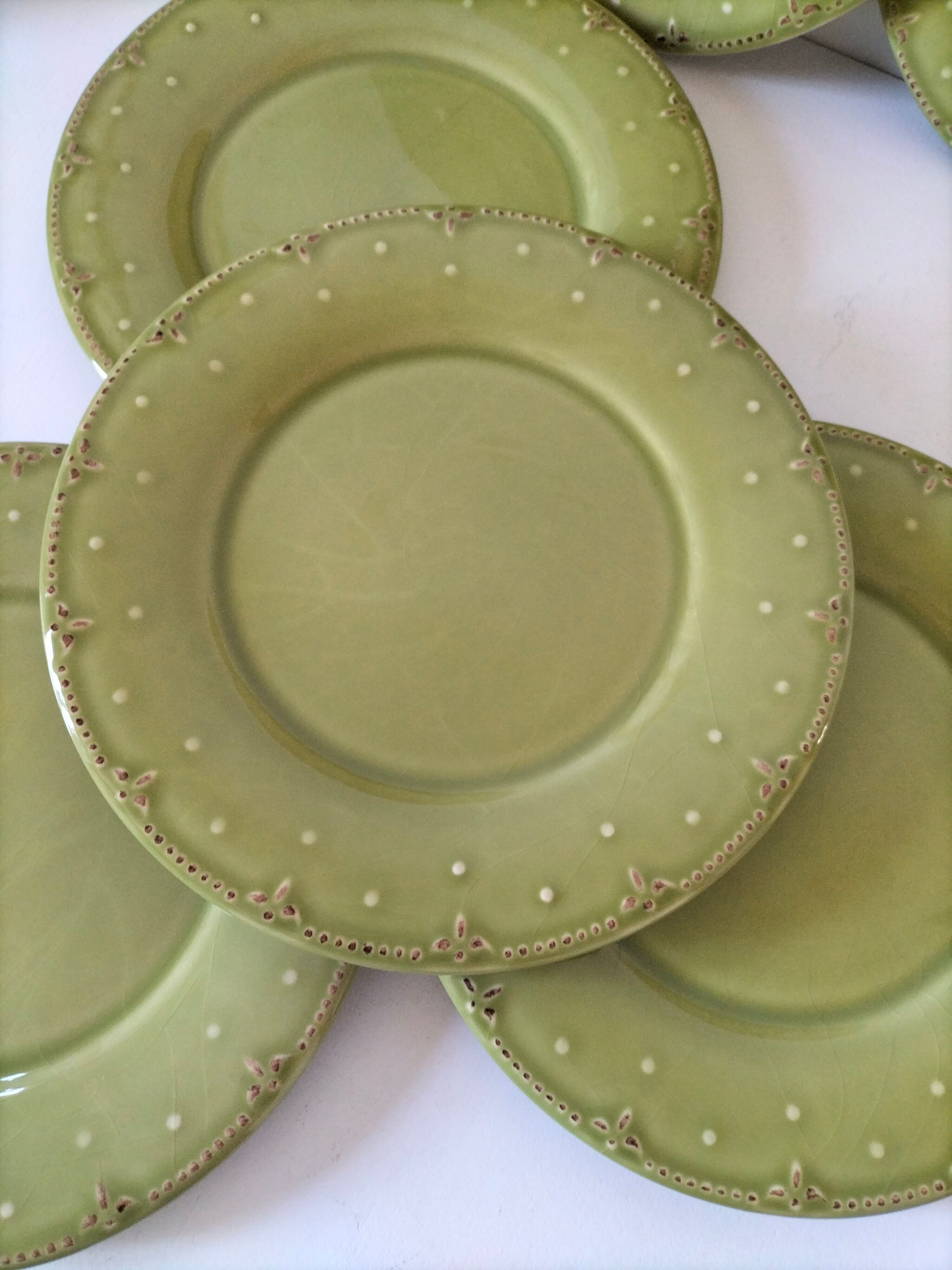 6 olive green plates with dotted relief, workshop ceramic style