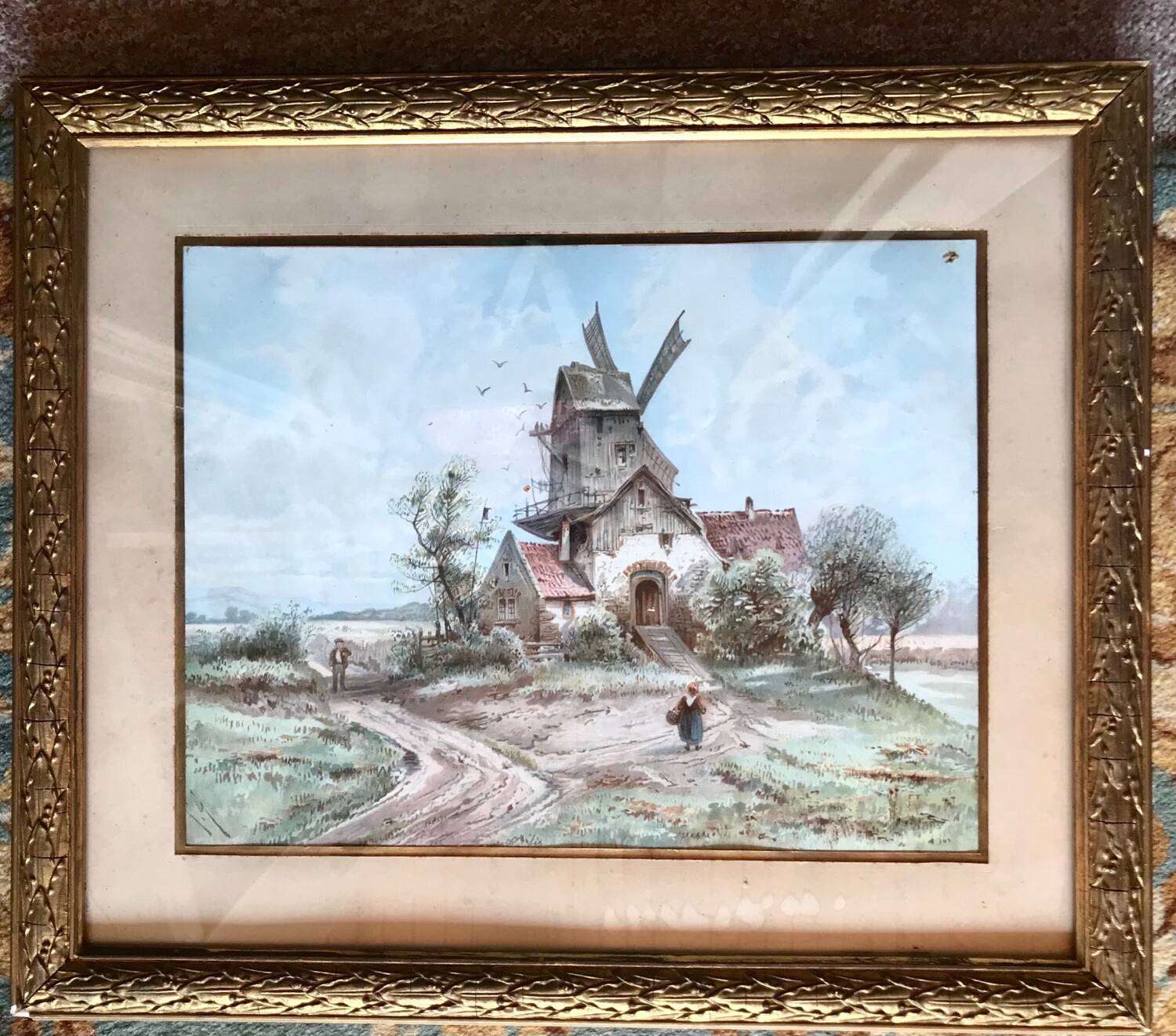 Old painting, mill in the countryside