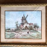 Old painting, mill in the countryside