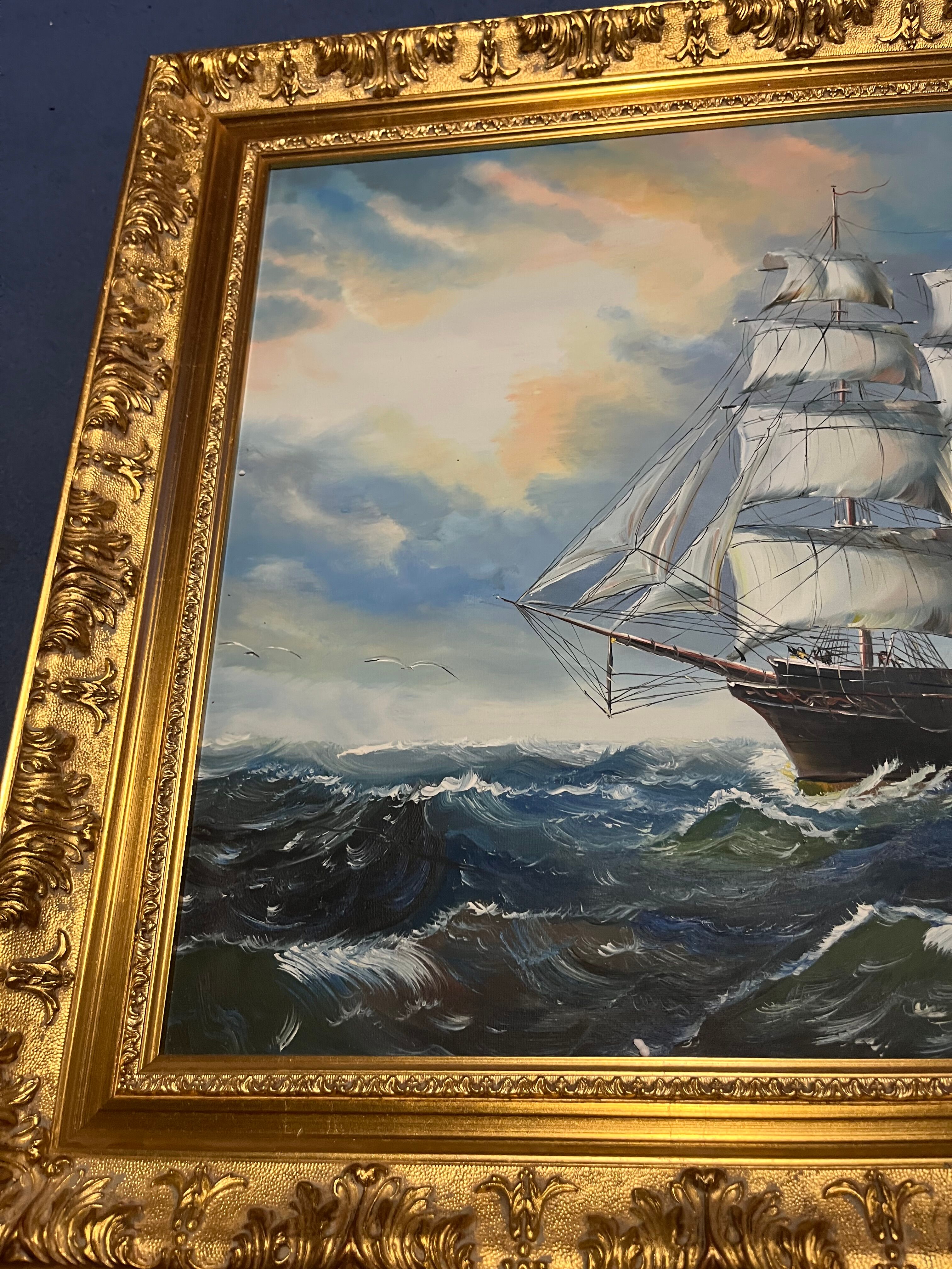 Large Marine Painting 3-Mast Sailing Ship - Sunset Sky