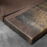 Vintage Mid-Century Modern German Brutalist 2-Seater Brown Leather Bed Sofa