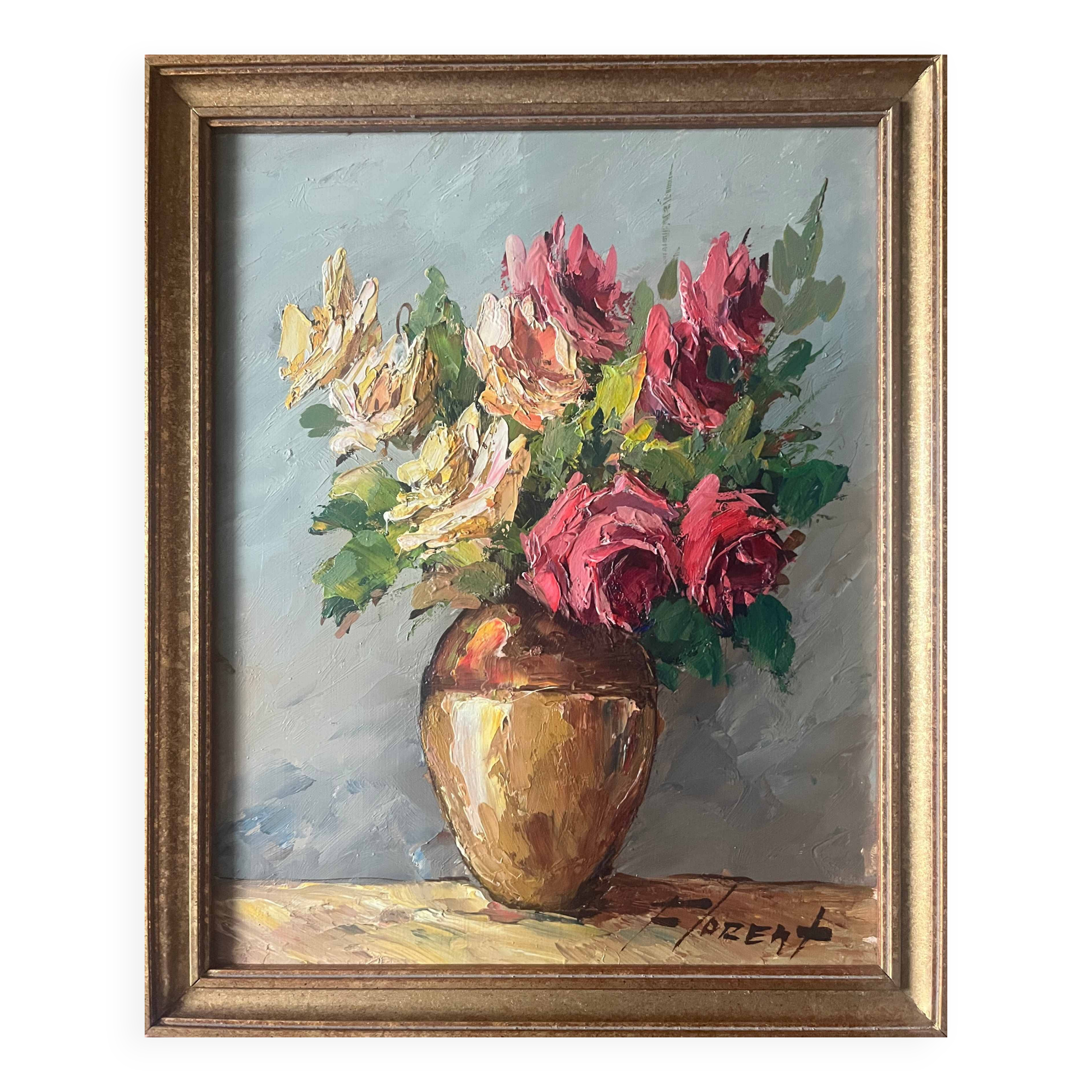 HSP painting "Bouquet of roses" in vase signed Florent + frame