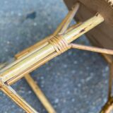 Table basse vintage ronde cuir rotin et bambou