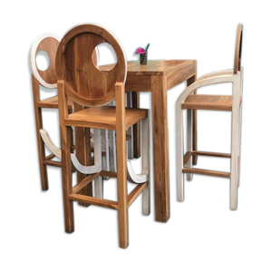 Table mange debout en teck avec 4 chaises hautes