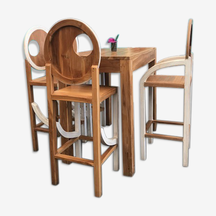 Table mange debout en teck avec 4 chaises hautes | Selency
