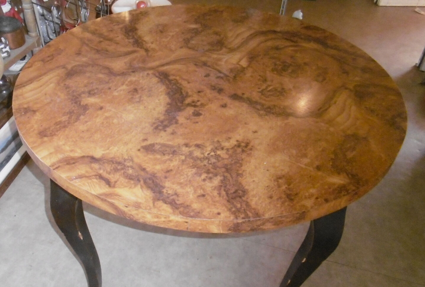 Round table art deco style - elm magnifying glass top and black wooden legs