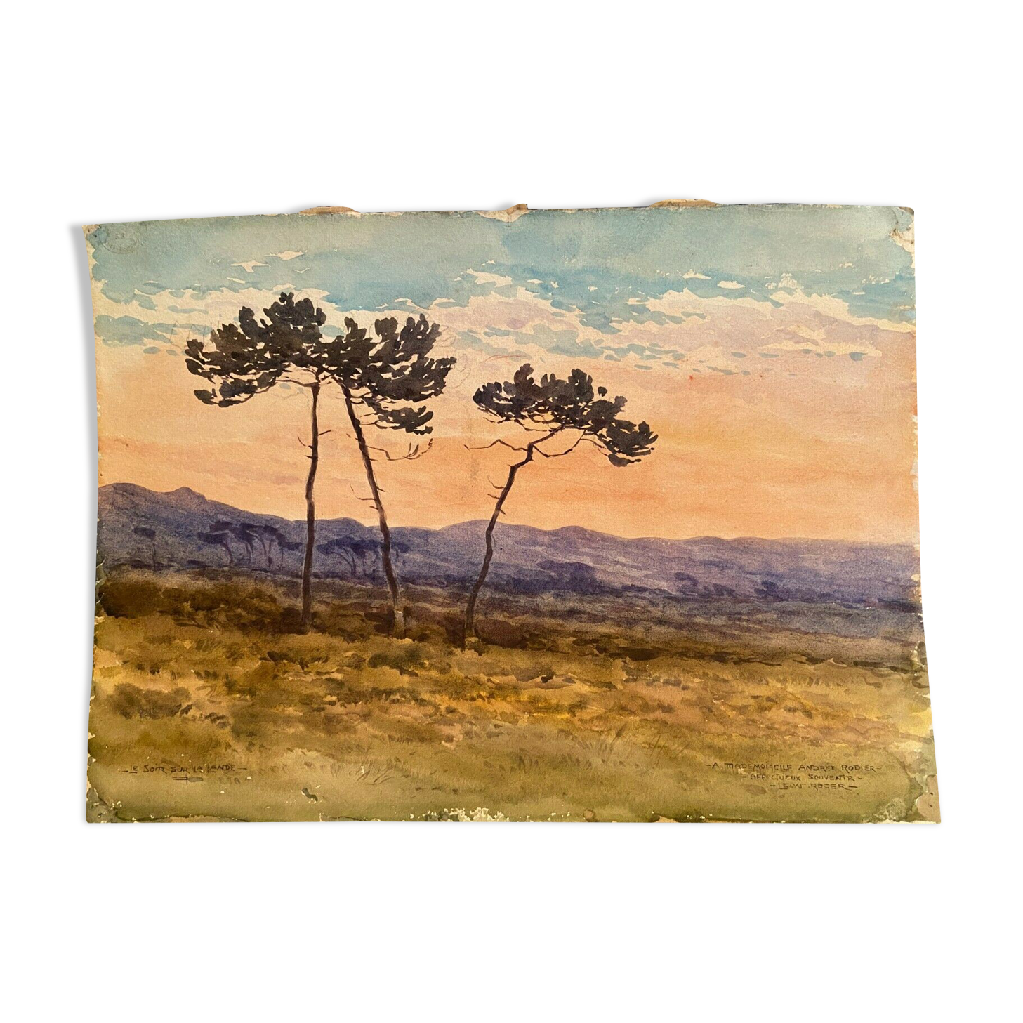Watercolor late nineteenth early twentieth The evening on the moor signed Léon Roger 1886-1924