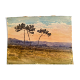 Watercolor late nineteenth early twentieth The evening on the moor signed Léon Roger 1886-1924