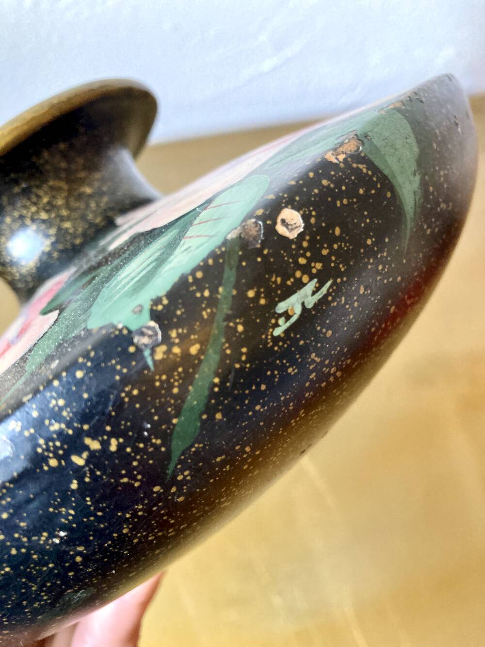Painted terracotta vase signed with rose motifs, 1950s-1960s.