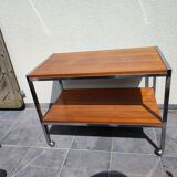 Table / Serving trolley on wheels in chrome and walnut veneered wood