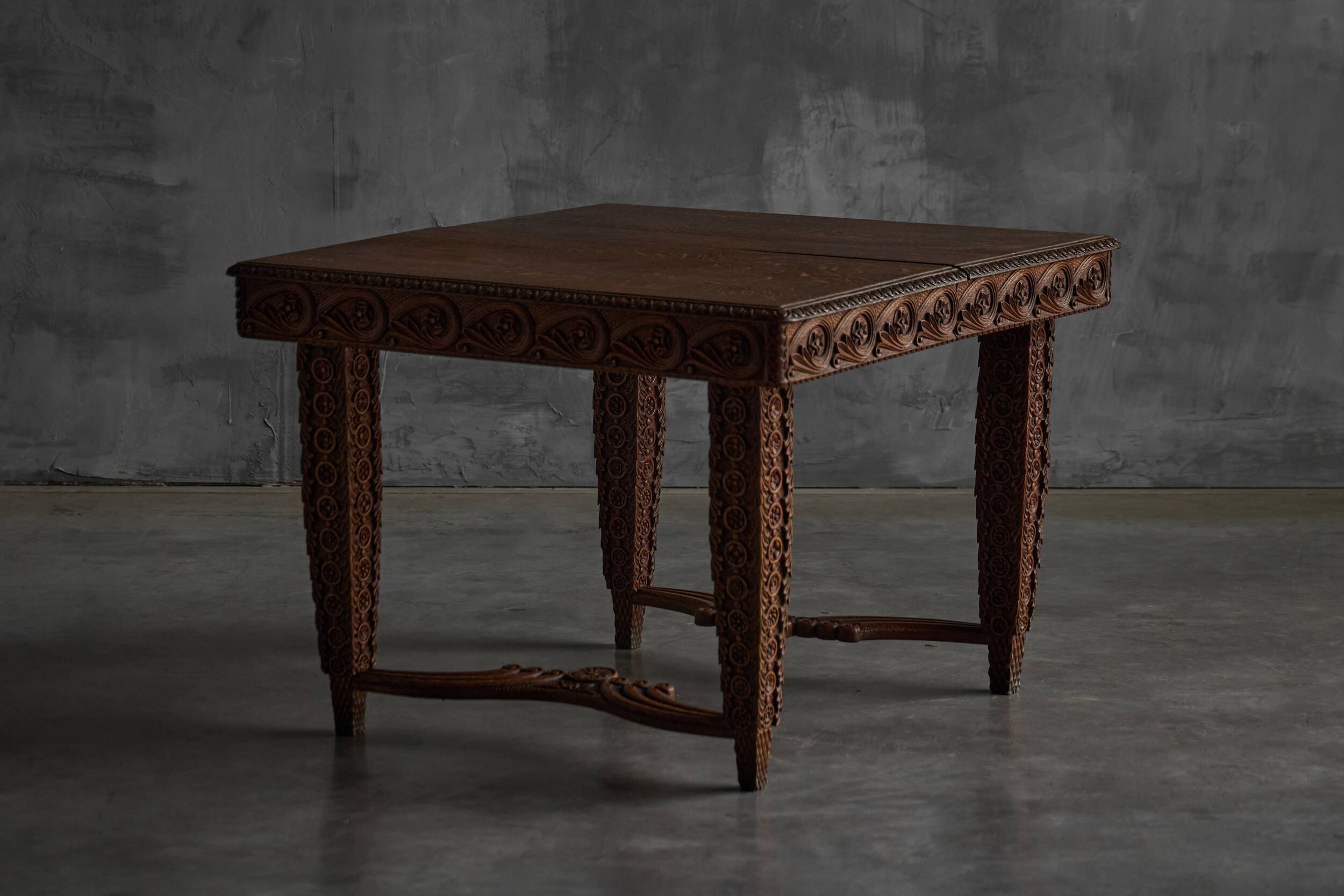 Hand-carved ornate wooden console tables, France, late 19th century