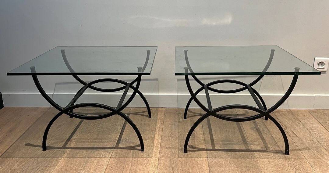 Pair of Black Lacquered Wrought Iron and Glass Side Tables, French Work