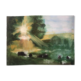 Soleil perçant un matin d’été, buffles