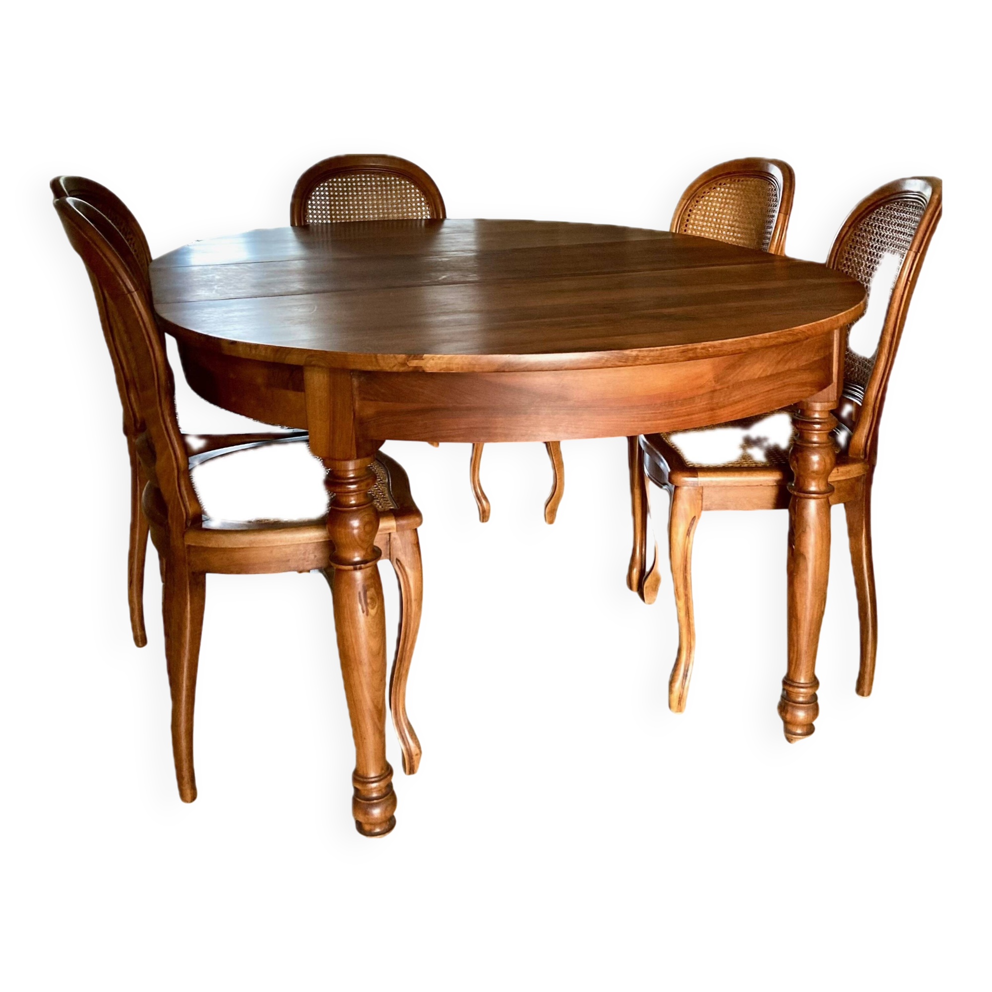 Extendable table and 6 antique caned chairs Louis XV style vintage cherry wood