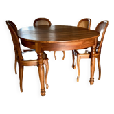 Extendable table and 6 antique caned chairs Louis XV style vintage cherry wood
