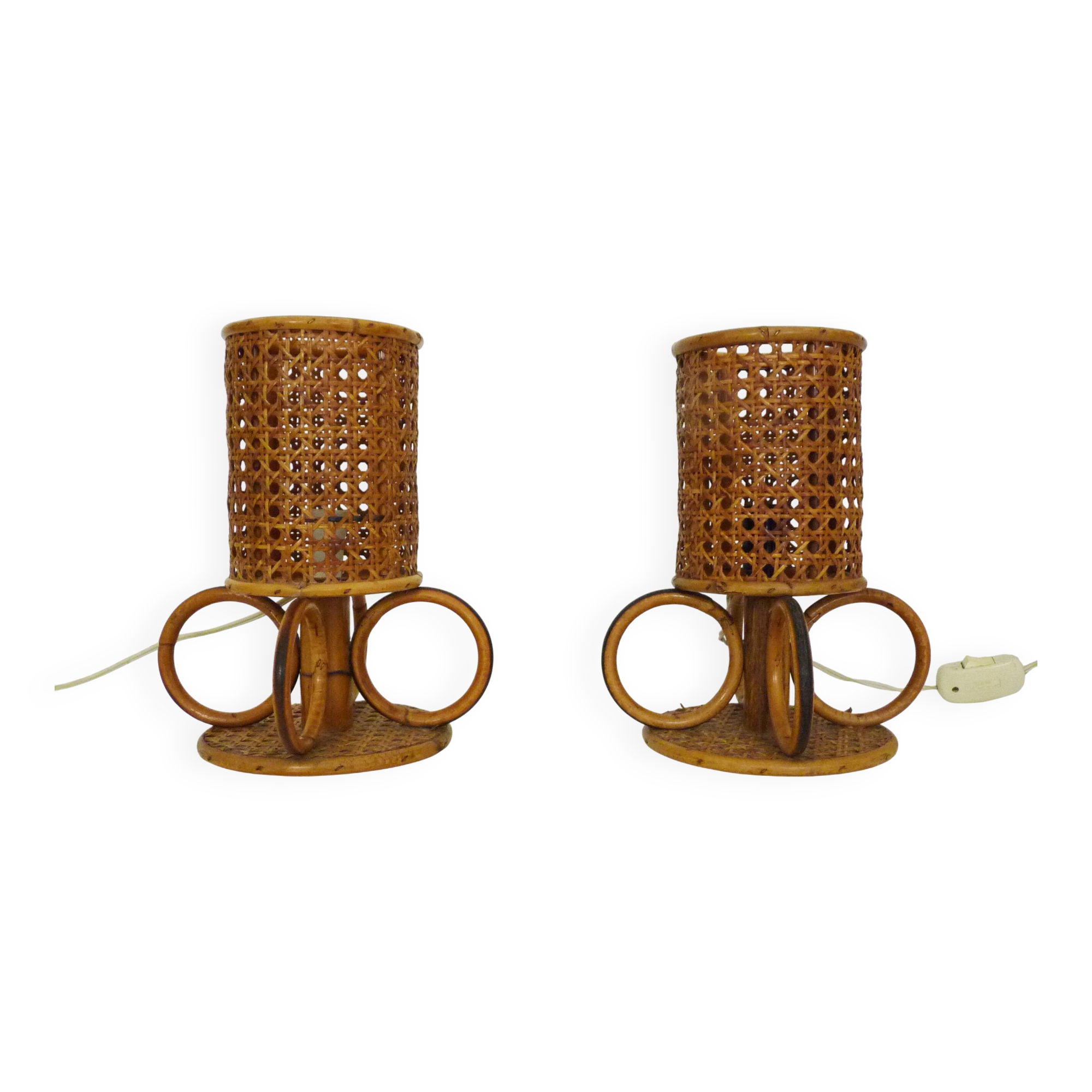 Pair of bamboo rattan caned lamps. Italy 1950s 60s.