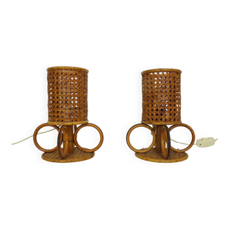Pair of bamboo rattan caned lamps. Italy 1950s 60s.