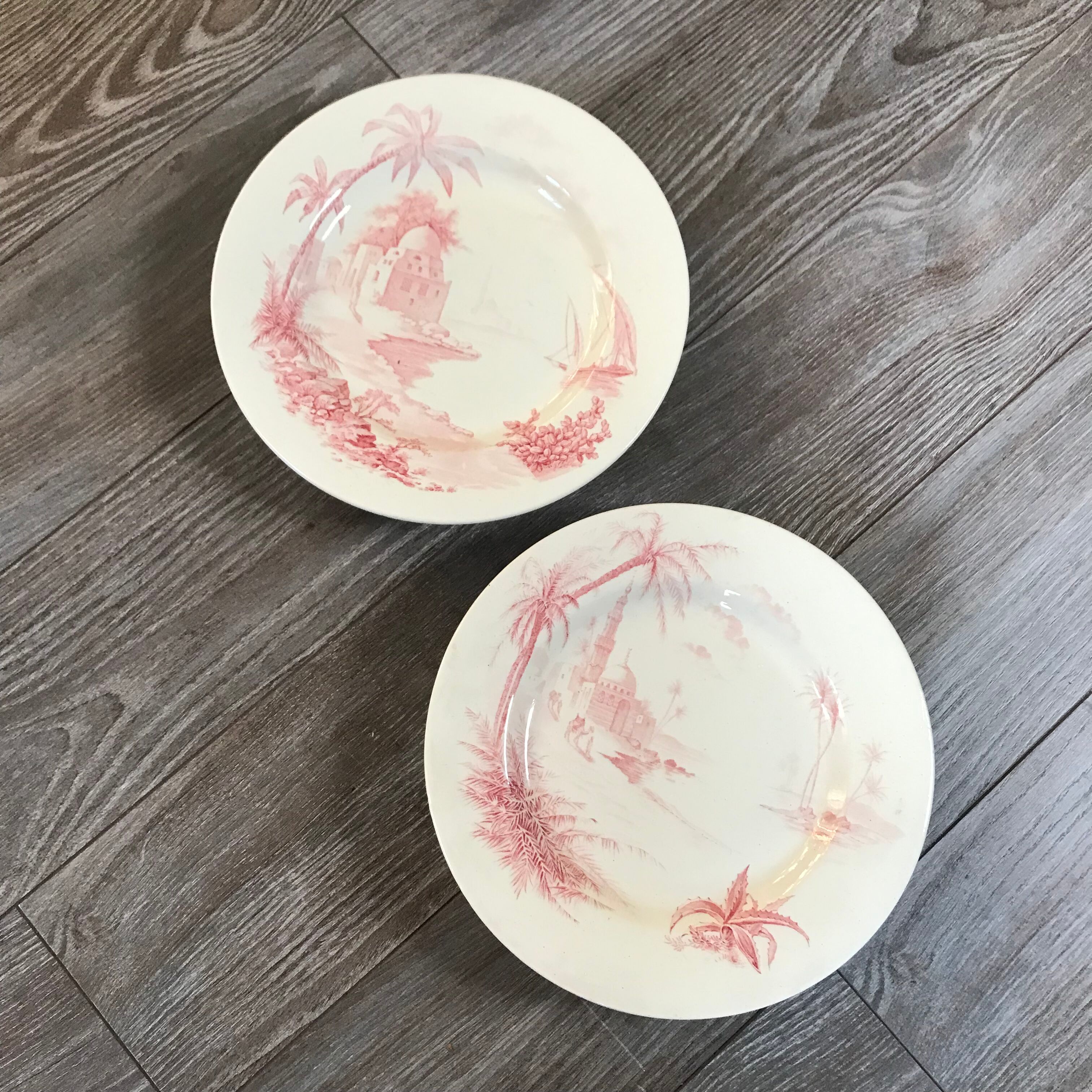 2 dessert dishes on foot Gien vintage 1870 pink Shabby model views from the east