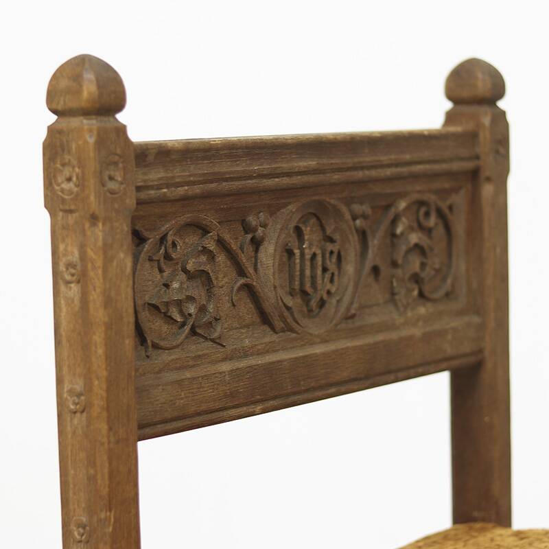 Antique Oak Chair with Gothic and Religious Carvings