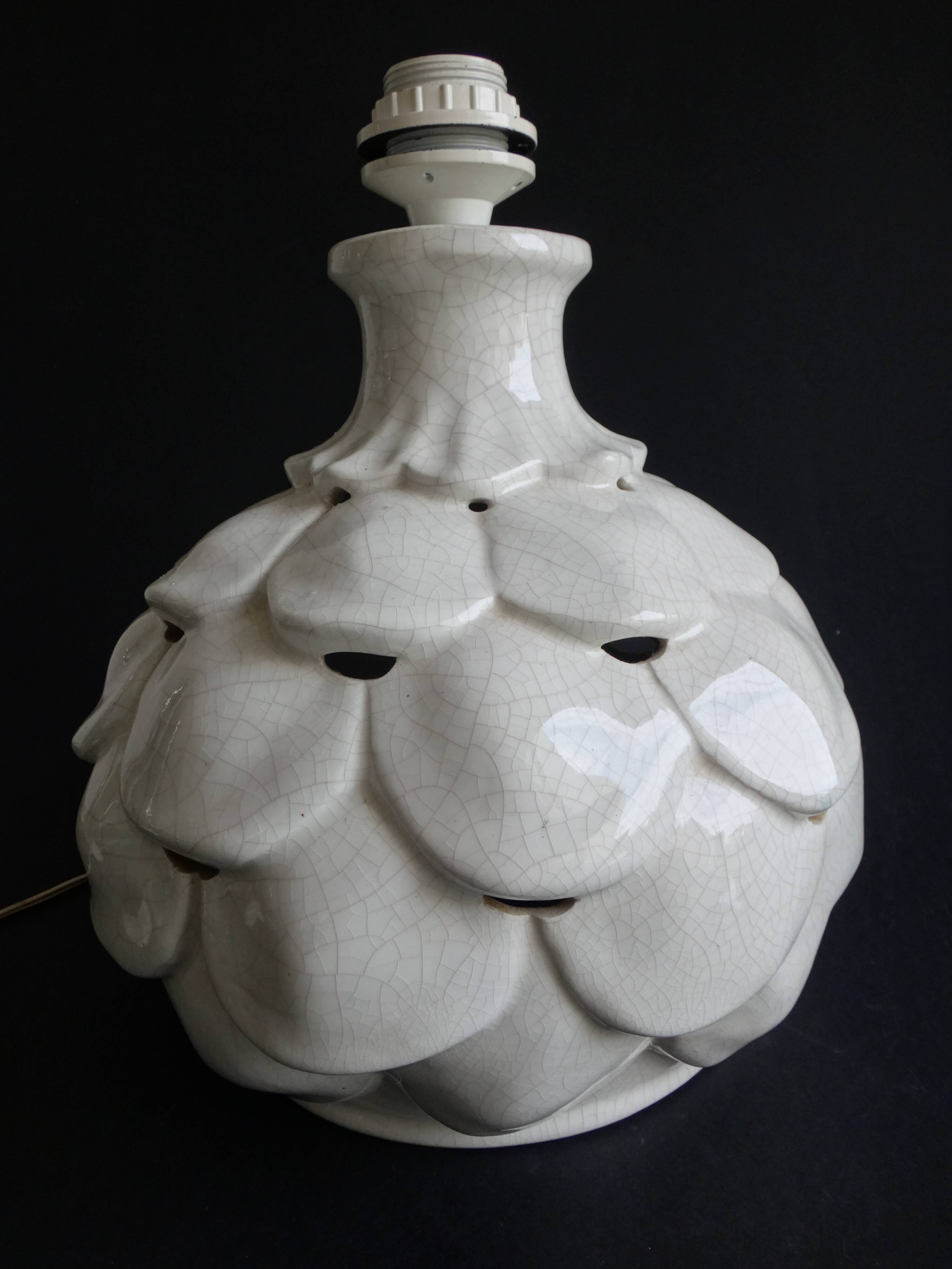 Pied de lampe forme artichaut faience craquelé 1970