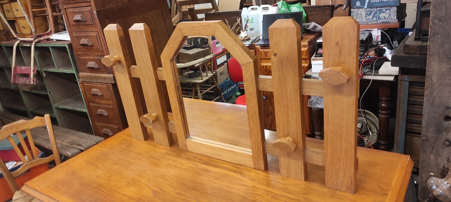 Vintage wooden coat rack with modernist design mirror 4 hooks